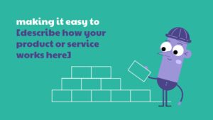 An illustrated character placing bricks to build a structure, accompanied by Biteable video maker promotional text inviting a description of a product or service.