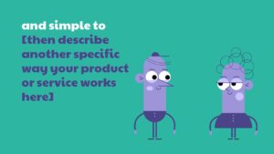 Two animated characters representing products or services created with Biteable video maker, with text suggesting a description of product features.