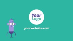 A Biteable video maker's cartoon character with a website and logo placeholder on a green background.