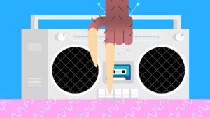 A cartoon hand pressing the play button on a stylized boombox against a blue background, created using Biteable video maker.