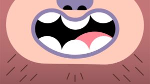Cartoon-style close-up of an open mouth showing teeth and tongue, with a stylized representation of a beard on the lower end, designed using Biteable video maker.