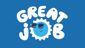 An illustration of a smiling sun wearing sunglasses, surrounded by the text "great job" created using Biteable video maker, set against a solid blue background.