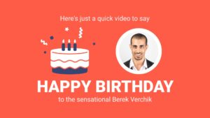 Birthday greeting video made with Biteable video maker, featuring a stylized cake with candles and a photo of a smiling man on a red background.