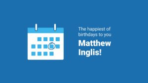 Illustration of a calendar with a magnifying glass highlighting a specific date, accompanied by a birthday greeting for Matthew Inglis on a blue background, created using Biteable video maker.