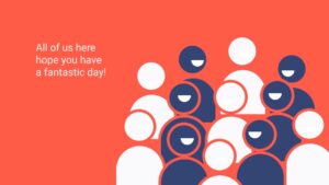 Graphic illustration of stylized, diverse people with smiling faces in blue and white tones on a red background, created using Biteable video maker, conveying a positive message.