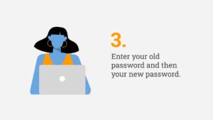 Illustration of a woman with a hat using a laptop, with Biteable video maker instructions for entering an old and a new password.