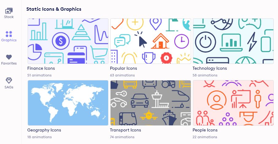 Grid of icon categories: Finance, Popular, Technology, Geography, Transport, and People, each with unique graphic backgrounds and animation counts.
