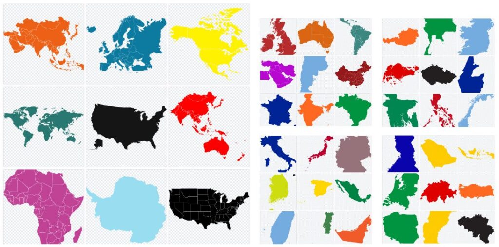 Colorful map silhouettes of continents and countries, including North America, Europe, Asia, Africa, and sections of other countries grouped by region.