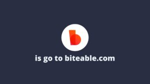 Logo of Biteable, an infographic explainer, with a red and orange "b" icon and text "is go to biteable.com" on a dark blue background.
