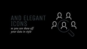 Graphic showcasing the phrase "and elegant icons" with a magnifying glass highlighting stylized people icons, all on a black background with additional text "so you can show off your data in Biteable video