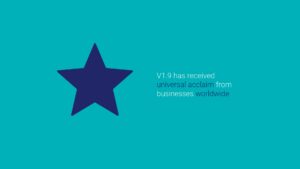 A dark blue star graphic on a teal background with text stating "Biteable video maker v1.9 has received universal acclaim from businesses worldwide.
