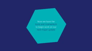 A hexagonal graphic with text overlay stating "now we have the tools and momentum to begin work on our next major update using Biteable video maker" against a blue background.
