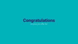 Biteable video maker graphic with text stating "congratulations on your job offer" against a teal background.