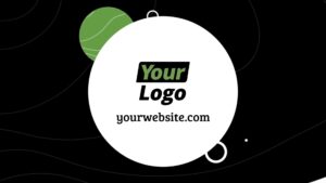 A stylized image showcasing a circular white logo space with the text "your logo" and "yourwebsite.com" centered, set against a black background with abstract lines and a green circle, created using