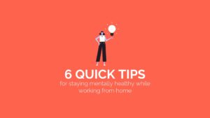 Illustration of a woman using a tablet with a light bulb icon above, on a red background with text "6 quick tips for staying mentally healthy while working from home," created using Biteable video maker