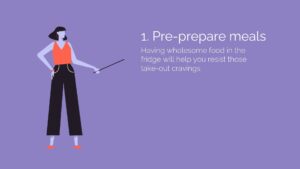 Illustration of a fashionable woman in a black hat and pants, orange top, holding a pointer next to text about meal preparation.