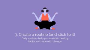 Illustration of a woman meditating with multiple arms, symbolizing multitasking, against a purple background with text about the importance of routines created using Biteable video maker.