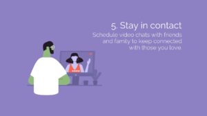 A person wearing glasses participates in a Biteable video chat with a woman, following advice to "stay in contact" as seen on the screen.