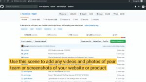 Screenshot of the github repository page for facebook's react project, showing file structure, recent commits, and navigation tabs, similar to a frame in a Biteable video maker.