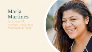 Smiling woman in a Biteable video introducing Maria Martinez as the new HR manager, previously from Garrett & Taylor.