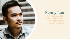 A professional portrait of a man with a thoughtful expression, accompanied by a Biteable video welcoming Kenny Luo to his new job in the accounts department.