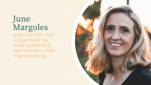 Professional headshot of June Margoles, a smiling woman with blonde hair, accompanied by text introducing her as the new CMO with Biteable video maker skills from Wright Marketing.