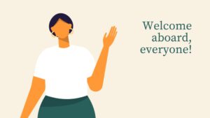 Illustration of a woman with short hair waving her hand, with the text "welcome aboard, everyone!" displayed beside her, created using Biteable video maker.