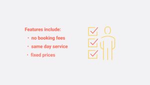 Graphic listing service features: "no booking fees," "same day service," "fixed prices," with check marks and icon of a person, created using Biteable video maker.
