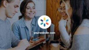 Four young adults sitting at a table, smiling and discussing, with laptops and smartphones visible; there's a Biteable logo and url labeled "yourwebsite.com" superimposed.