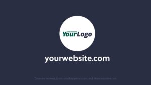 A digital mockup displaying a logo labeled "your logo" and a generic URL "yourwebsite.com" on a simple dark background, created with Biteable video maker, with source credits at the bottom