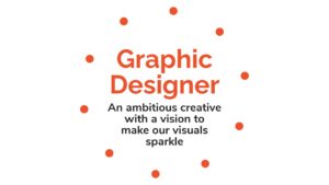 Text on white background stating "graphic designer with a vision to make our visuals sparkle using Biteable video maker", decorated with orange dots.