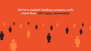 Graphic of silhouetted figures on an orange background, produced using Biteable video maker, highlighting one figure in yellow among others in black, with text about a company's team size.