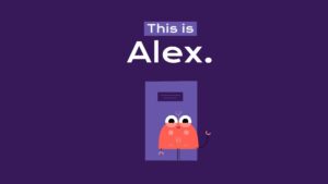 Cartoon character on a mobile screen created with Biteable video maker with the text "this is Alex.