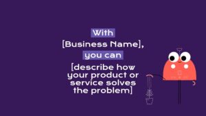 A template for a Biteable video maker business advertisement featuring a cartoon character next to text placeholders on a purple background.
