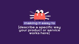 A Biteable video maker cartoon bug graphic on a purple background with a placeholder text prompt for product or service description.