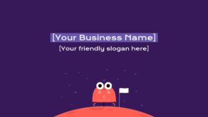 Illustration of a quirky character standing on a red planet with a flag, against a purple background with placeholder text for a business name and slogan, created using Biteable video maker.