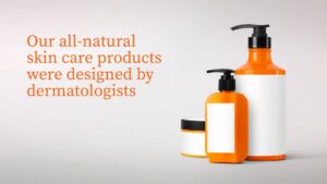 Two white and orange skincare product bottles with pumps and one jar on a light grey background, accompanied by text promoting dermatologist-designed products, featured in a Biteable video maker.