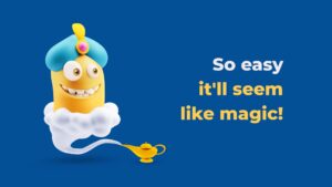 A cartoon character resembling a magic genie coming out of a lamp, with text suggesting simplicity and ease, all created using Biteable video maker.