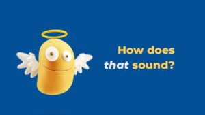 Cartoon angel emoji with text "how does that sound?" on a Biteable video maker blue background.
