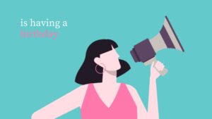 Illustration of a woman with a megaphone announcing a birthday, set against a plain background, created using Biteable video maker.