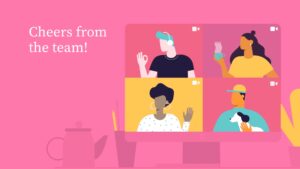 Illustration of a virtual staff birthday celebration with four diverse people waving and smiling on a video call, pink background with "cheers from the team!" text.