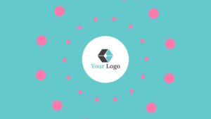 Graphic of a placeholder logo in a white circle, surrounded by a network of pink dots on a Biteable video maker teal background.
