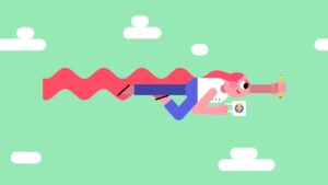 Animated superhero flying with a cape, holding a sandwich and a smartphone, created using Biteable video maker.