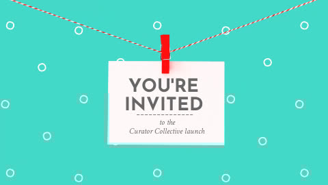 An invitation card reading "you're invited to the curator collective launch" hanging from a red clip on a string.
