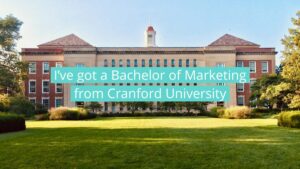 A large brick university building with a lawn in front and text overlay stating, "I’ve got a Bachelor of Marketing from Cranford University.