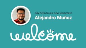 Welcome graphic created using Biteable video maker, featuring a photo of a smiling man named Alejandro Muñoz in a circular frame with the word "welcome" in stylish script on a teal background.