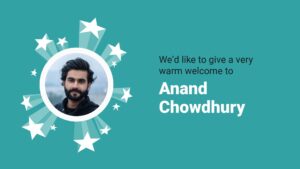Graphic welcoming Anand Chowdhury featuring his photo surrounded by stars on a teal background, created with Biteable video maker.