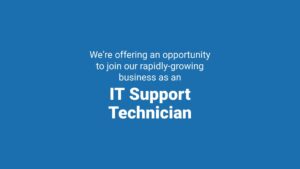 Advertisement on a blue background stating an opportunity to join a rapidly-growing business as an IT support technician, featuring a Biteable video maker demonstration.