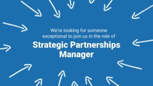 A graphic created using Biteable video maker, with a blue background and white arrows pointing in various directions, featuring text announcing a job opening for a strategic partnerships manager.
