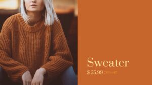 Woman in a chunky orange sweater sitting, with text advertising the Winter Sale on the sweater at a discounted price of $55.99 (50% off).